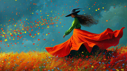 A vibrant witch in a flowing red skirt and green blouse walking through a colorful field, with autumn leaves swirling in the air against a deep blue sky, creating a magical and lively scene