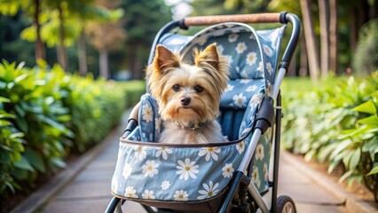 A small brown and white dog relaxes peacefully in a blue and gray stroller adorned with a vibrant lotus flower print design.