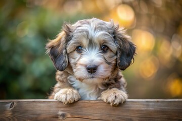 A small, fluffy merle-colored Aussiedoodle puppy tilts its head and gazes curiously out of the frame, its big brown eyes shining with innocence.