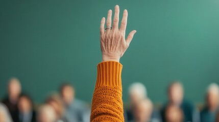 Active Engagement in Community Dialogue, senior individual raising hand in vibrant town hall meeting, showcasing involvement and a commitment to civic discourse.