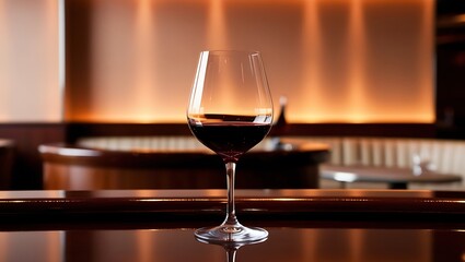 A stylish bar setting with a glass of red wine on the counter, with reflections of ambient light creating a moody, inviting scene perfect for an evening out





