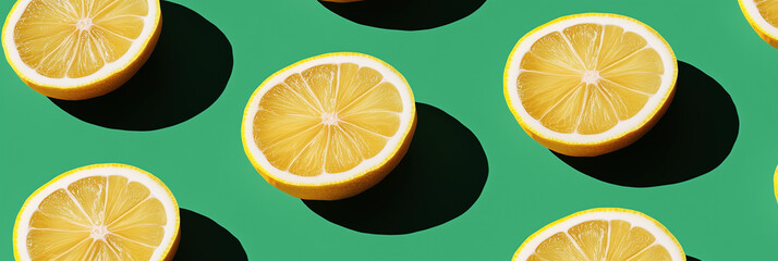 Obraz premium Yellow lemon slices green background modern minimal pattern fresh citrus fruit repetition abstract wallpaper vibrant summer food texture pop art concept flatlay backdrop cute advert edgy vitamin c