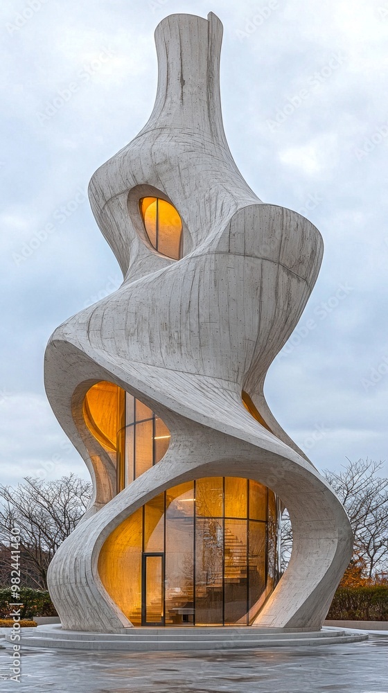 Poster a stunning architecturally advanced structure stands tall against the cloudy sky. this twisted concr