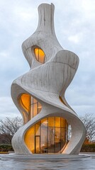 A stunning architecturally advanced structure stands tall against the cloudy sky. This twisted concrete design showcases both beauty and functionality. Perfect for modern architecture lovers. AI