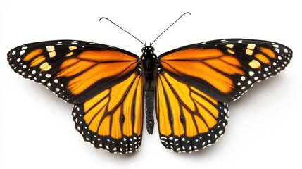 Fototapeta premium Detailed shot of a monarch butterfly perched on an invisible surface, wings fully spread, isolated on white