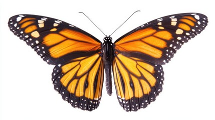Fototapeta premium Detailed shot of a monarch butterfly perched on an invisible surface, wings fully spread, isolated on white