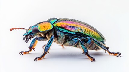 Naklejka premium Detailed view of a jewel beetle with iridescent exoskeleton, sharp focus on body and legs, white backdrop