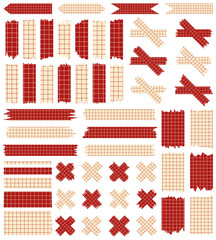 Set of paper sheets isolated on white. Pieces of decorative tape for scrapbooks. Washi tapes collection in vector. Ripped paper. Torn pieces of paper from a notebook in a cell. Colorful ribbons
