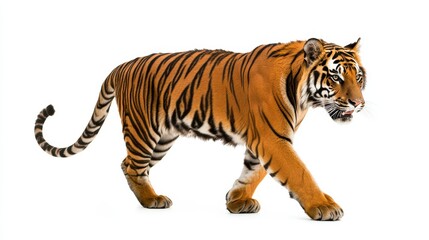 Obraz premium Elegant Bengal tiger walking forward with striking stripes, sharp gaze, and poised stance, isolated on a white background