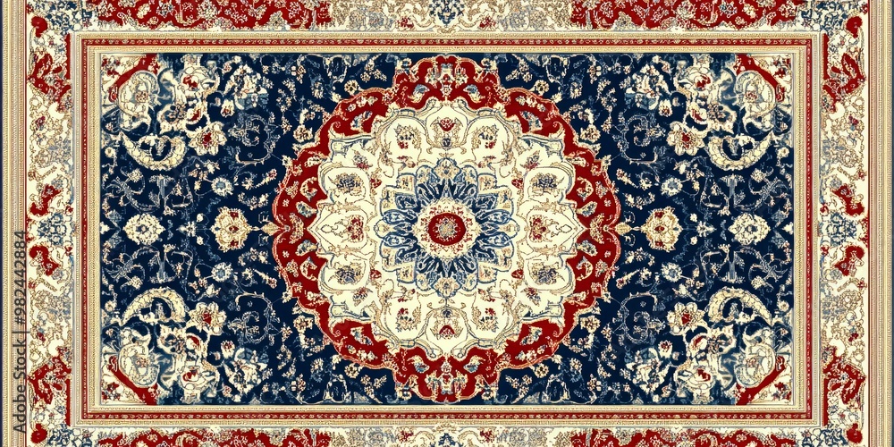 Poster this beautiful carpet features intricate designs with a rich color palette. the central pattern draw