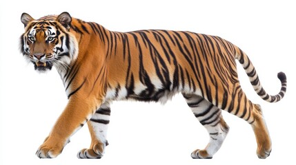 Obraz premium Elegant Bengal tiger walking forward with striking stripes, sharp gaze, and poised stance, isolated on a white background
