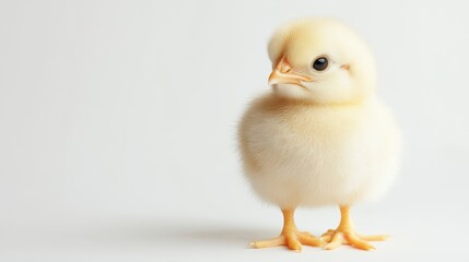 Obraz premium Fluffy baby chick standing on tiny legs, with soft yellow feathers, on a white background