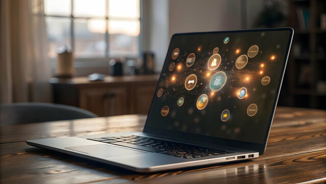 3D Holographic Laptop with Floating Payment & Promotion Icons on Glossy White Background - Clean Design for Business & Marketing