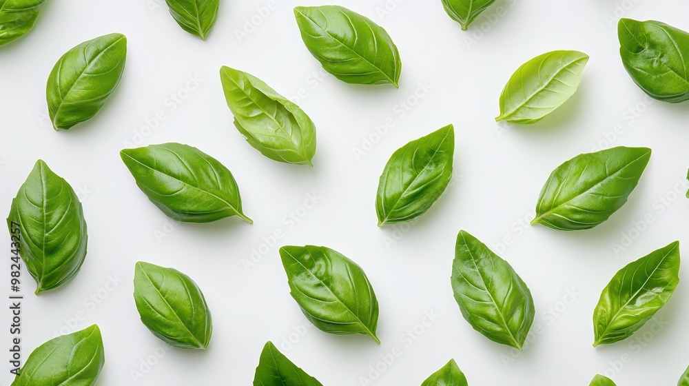 Wall mural fresh basil leaves, neatly arranged in rows, vibrant green on white background