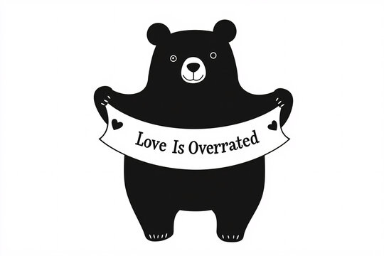 cute bear holding a banner that says love is overrated in a simple black and white cartoon illustration with minimal details