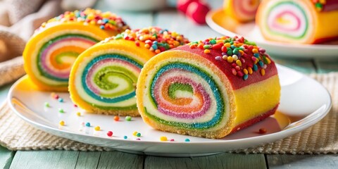 Fototapeta premium A vibrant spiral cake, frosted and sprinkled, proudly sits on a crisp white plate, a sweet celebration of