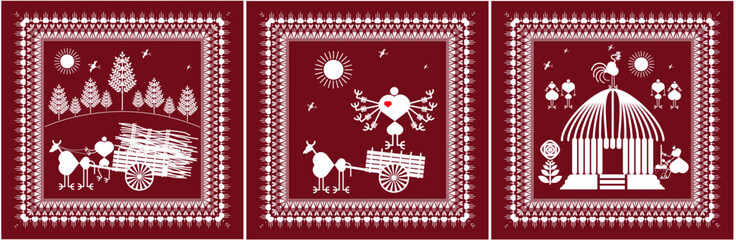 warli painting,Landscape, village and Farming Chikan stand on the House City and village