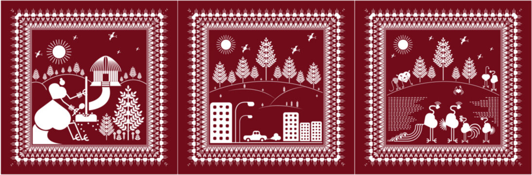 warli painting,Forest and animal Landscape, village and Farming Chikan stand on the House City and village