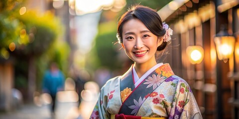 Fototapeta premium A woman with a warm, gentle smile dons a stunning kimono, her bright attire standing out against the