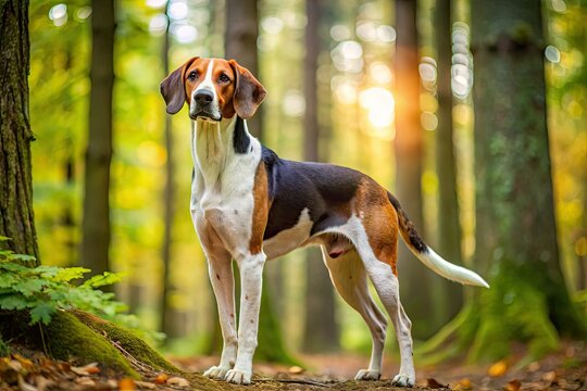 A treeing walker dog's keen eyes scan the forest floor, its spotted coat glistening in the dappled light as it waits for a quarry to flush.