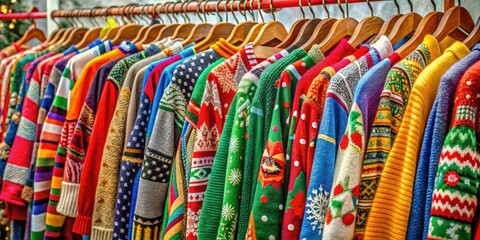 A variety of brightly colored and intricately patterned ugly Christmas sweaters hanging on a clothes rack.