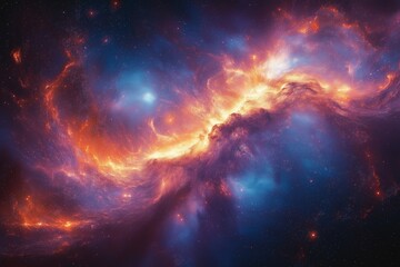 Obraz premium Vibrant cosmic scene with a fiery orange and blue nebula spread across the universe
