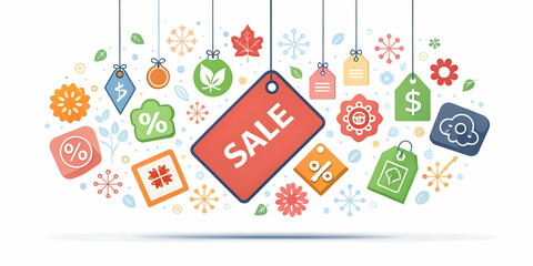 Flat Levitating Sales Tag with Promotion Icons - Perfect for Retail Marketing & E-commerce Sales, Highlighting Special Offers & Seasonal Discounts in Simple Vector Design