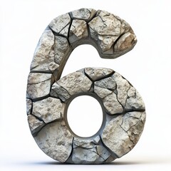 3D number 6 with stone texture realistic modern design, soft lighting, white background.