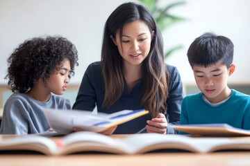 Obraz premium Teacher helping two diverse children with reading Asian teacher guiding two children, one Asian and one African American, with reading in a classroom, engaging them in a learning activity.