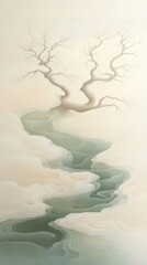 A painting of a river with a tree on the right side