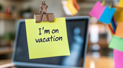 I'm on vacation note on a computer screen
A yellow sticky note clipped to a laptop screen with the handwritten message 