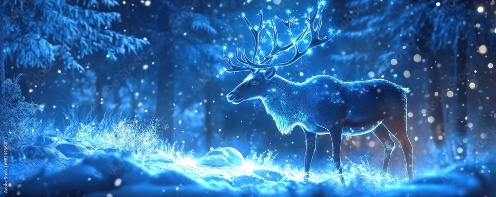 Poster a mystical reindeer illuminated by blue light in a snowy forest, creating a serene and enchanting wi