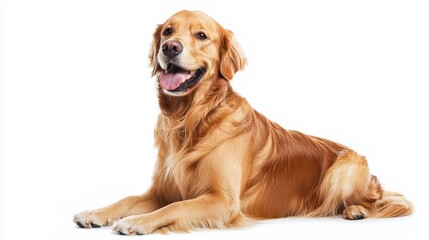Fototapeta premium Friendly golden retriever smiling and panting, sitting proudly on a white background