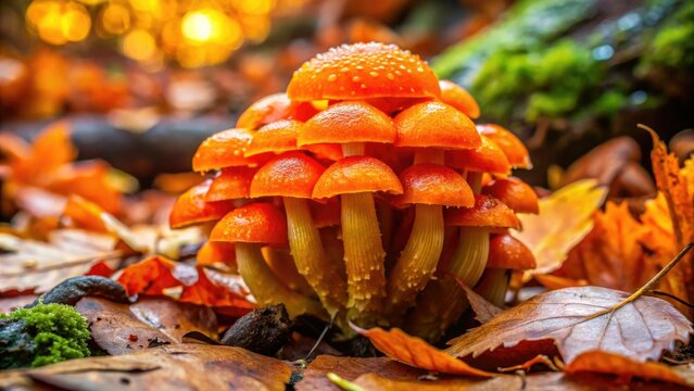 A vibrant orange fungus pushes through a leafy pile, its head-like structure emerging as if vomiting forth a burst of color.