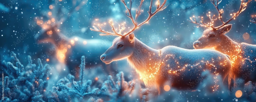 Poster a magical winter scene featuring glowing reindeer amidst a snowy forest, creating a serene and encha
