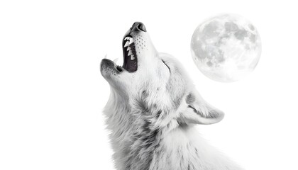 A werewolf howling, Halloween monster, detailed fur and claws, full moon in the background, isolated on white background