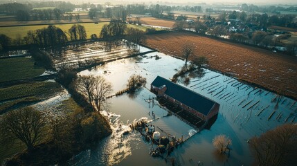 Flooded farmland with aerial view of waterlogged fields