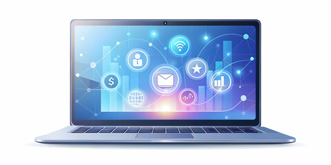 Flat Holographic Laptop on Glossy Surface with Floating Payment Icons - Modern Tech Business Concept, Large Copy Space for Financial Content
