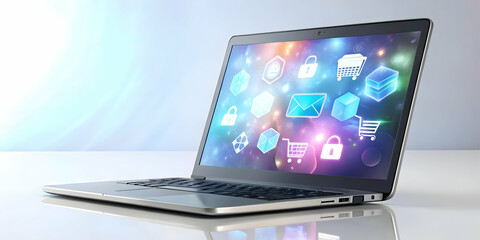 Glossy Laptop on White Surface with Holographic Retail and Coupon Icons Floating Above - Ideal for E-Commerce Promotions and Marketing Visuals