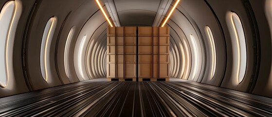 Interior of cargo plane with stacked crates, efficient shipping solution, 3D illustration