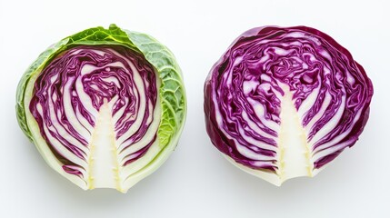 Fototapeta premium Green and red cabbage halves with vibrant interiors, displayed on white