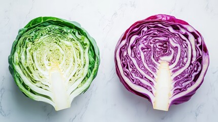 Fototapeta premium Green and red cabbage halves with vibrant interiors, displayed on white
