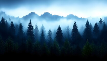 Fototapeta premium Mountain range behind pine trees, dense forest, misty atmosphere, Watercolor style
