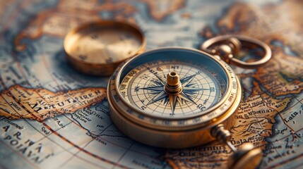 Discovering uncharted territories with an antique compass on a vintage world map at twilight. Generative AI