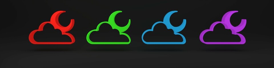 Colorful Cloud with moon icon isolated on black background. Cloudy night sign. Sleep dreams symbol. Night or bed time sign. Minimalism concept. 3D render illustration