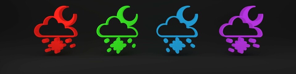 Colorful Cloud with snow and sun icon isolated on black background. Cloud with snowflakes. Single weather icon. Snowing sign. Minimalism concept. 3D render illustration