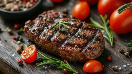 Grilled beef steak with perfect sear marks, resting on a rustic wooden surface, surrounded by vegetables.