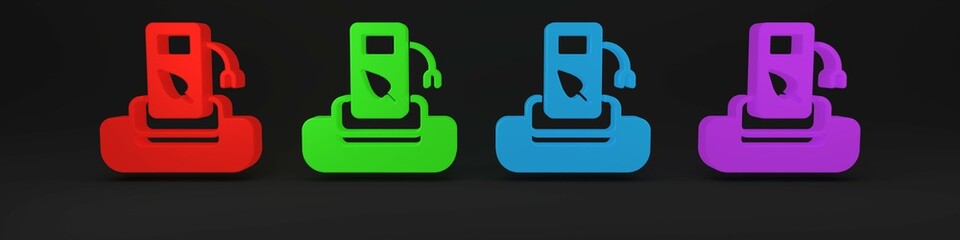 Colorful Petrol or gas station icon isolated on black background. Car fuel symbol. Gasoline pump. Minimalism concept. 3D render illustration