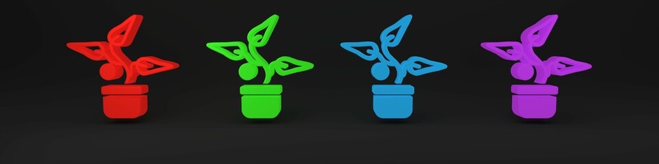 Colorful Plant in pot icon isolated on black background. Plant growing in a pot. Potted plant sign. Minimalism concept. 3D render illustration