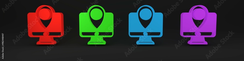 Poster colorful computer monitor and folded map with location marker icon isolated on black background. min